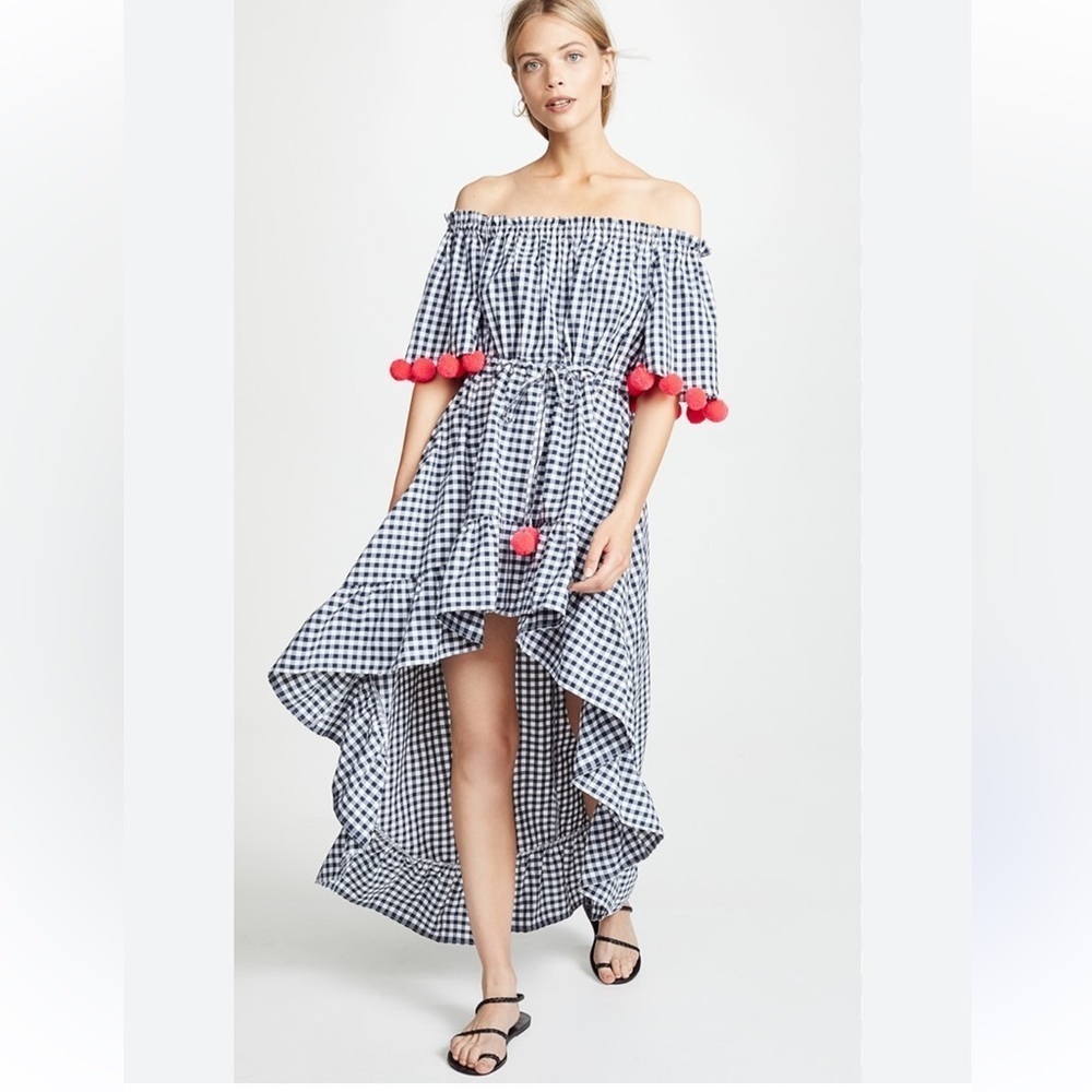 Off-Shoulder Gingham High-Low Dress with Pink Pom Trim